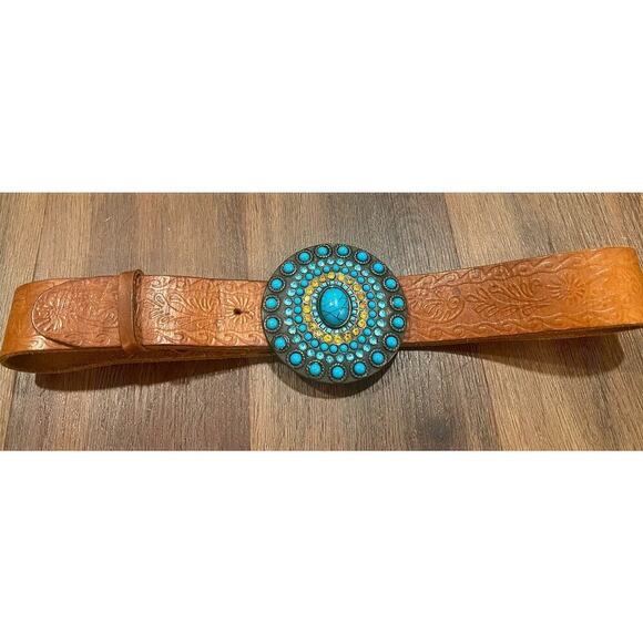 Vintage Olga Santini Tooled leather belt with Rhinestone metal Buckle - Picture 4 of 5